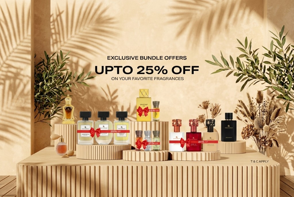 Swiss Arabian perfume bundles on display